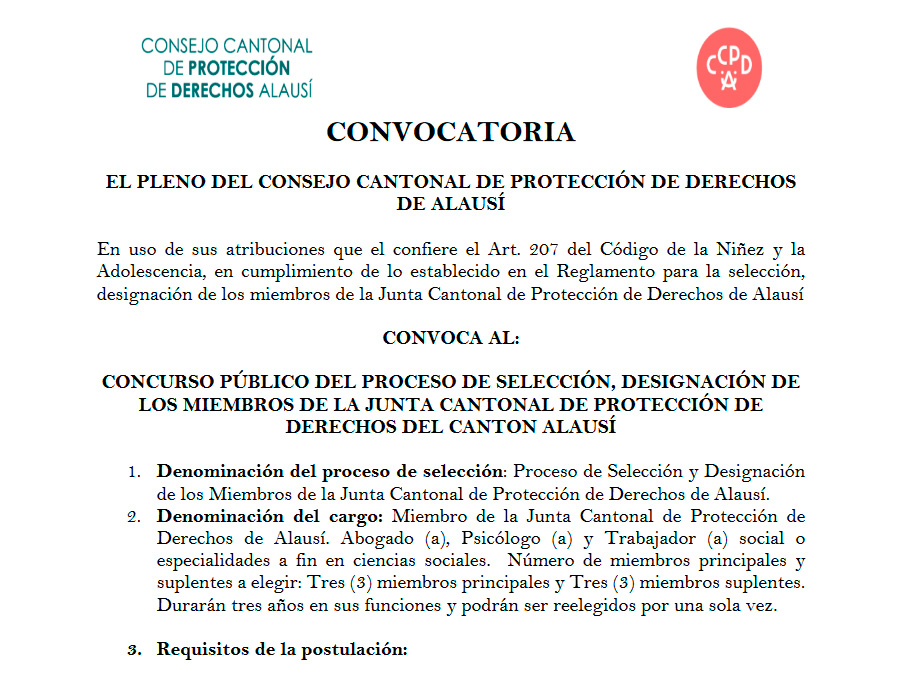 CONCURSO PÚBLICO DEL PROCESO DE SELECCIÓN, DESIGNACIÓN DE LOS MIEMBROS DE LA JUNTA CANTONAL DE PROTECCIÓN DE DERECHOS DEL CANTON ALAUSÍ