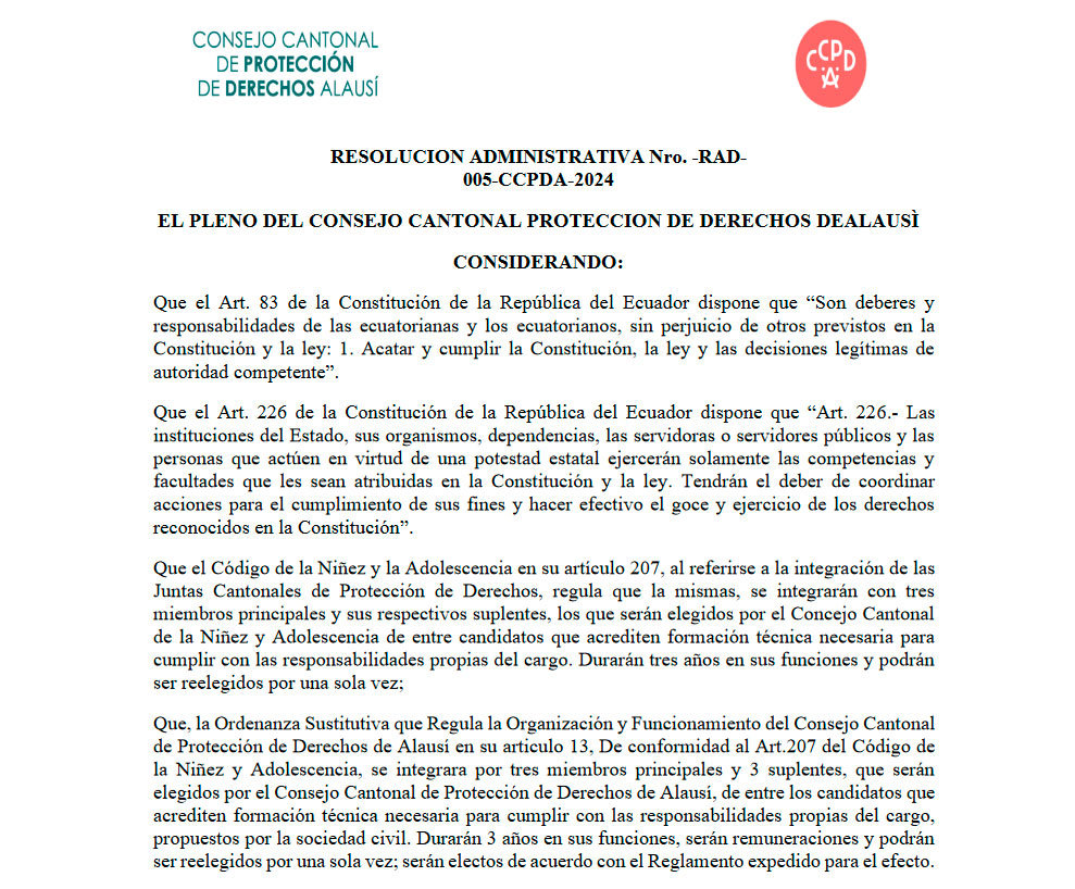 DECLARATORIA DE DESIERTO DEL PROCESO DE SELECCIÓN,DESIGNACIÓN DE LOS MIEMBROS DE LA JUNTA CANTONAL DE PROTECCIÓN DE DERECHOS DE ALAUSÍ