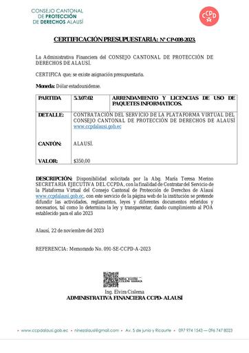 CERTIFICACIOìN PRESUPUESTARIA N° CP 008 2023  signed