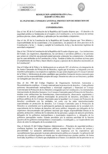 RESOLUCION ADMINISTRATIVA Nro. RAD-007-CCPDA-2024, REFORMAS AL REGLAMENTO PARA LA SELECCIÓN Y DESIGNACIÓN DE LOS MIEMBROS DE LA JUNTA CANTONAL DE PROTECCIÓN DE DERECHOS DEL CANTON ALAUSI.