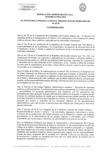 RESOLUCION ADMINISTRATIVA Nro. RAD-006-CCPDA-2024, Acoger cada una de las recomendaciones de selección y designación del proceso de selección y designación de los miembros de la Junta Cantonal de Protección de Derechos del Cantón Alausí.