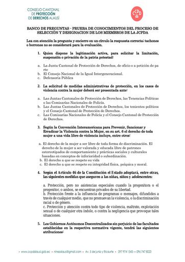 BANCO DE PREGUNTAS - PRUEBA DE CONOCIMIENTOS DEL PROCESO DE SELECCIÓN Y DESIGNACION DE LOS MIEMBROS DE LA JCPDA